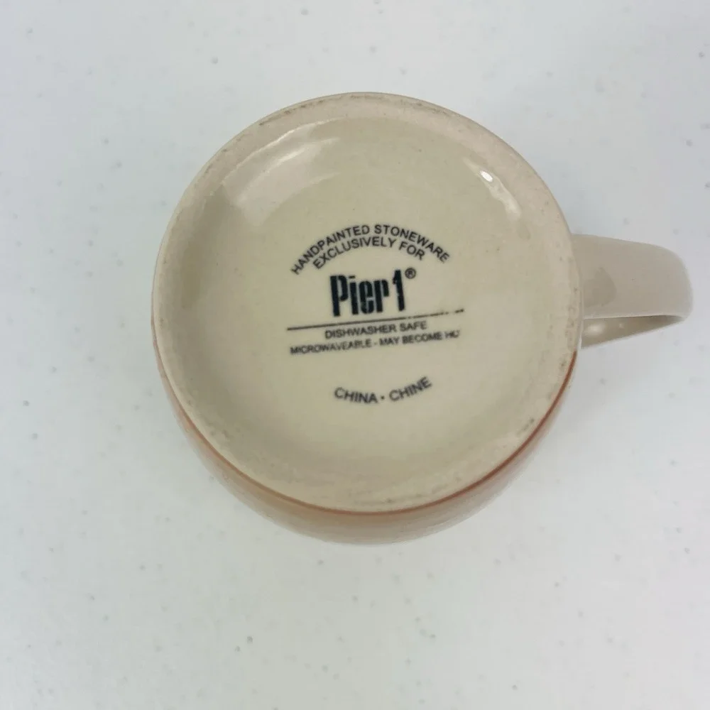 Pier 1 Valencia Stoneware Orange Red Rust Green Striped Mugs‎ Hand Painted Set 2